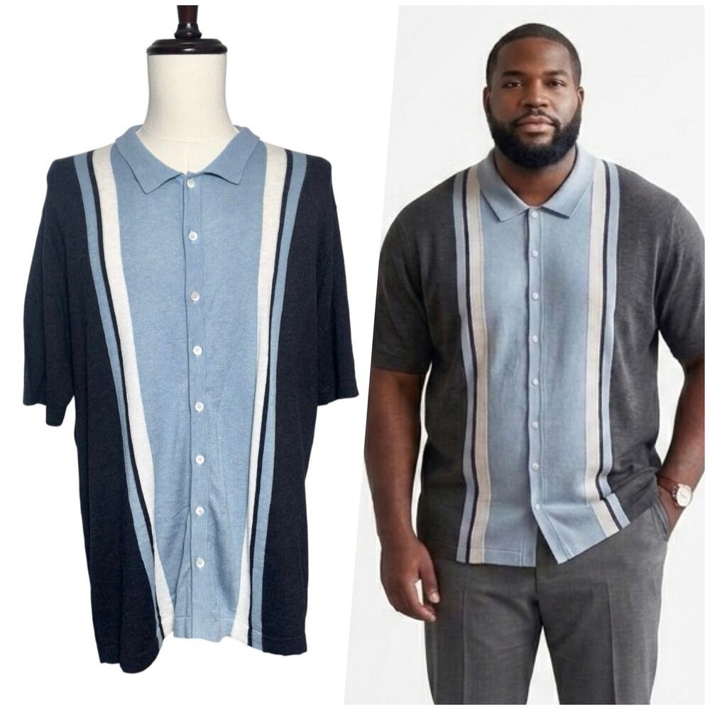 Agave | Men | Blue Stripe Cotton Modal Bowling Button Button Up Polo Shirt | XL